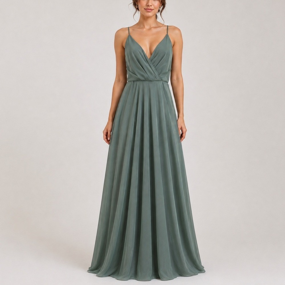 BHLDN Eva Maxi Dress Sage Green Chiffon V-Neck Bridesmaid Formal Evening Gown S